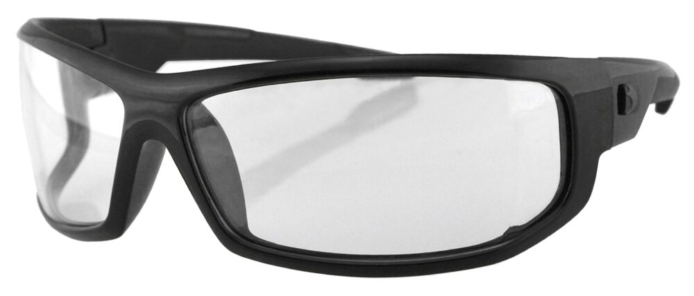 Bobster AXL Glasses, gloss black frame with clear lens. Angled left