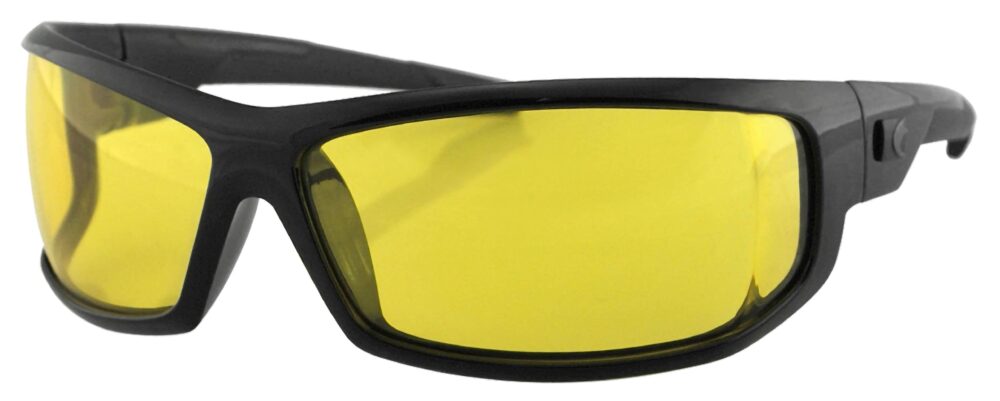Bobster AXL Sunglasses, gloss black frame with yellow lens. Angled left