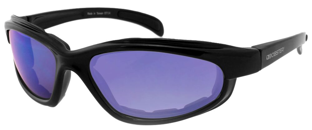 Bobster Fat Boy Sunglasses, gloss black frame with smoke cyan mirror lens. Angled left