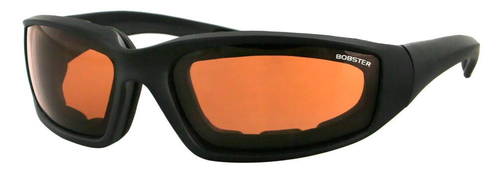 Bobster Foamerz 2 Prescription Safety Sunglasses in a matte black frame with amber lenses. Angled left side