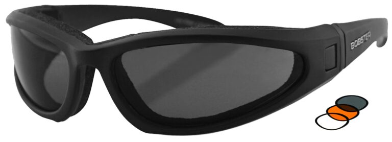 Bobster Low Rider 2 Sunglasses, Matte Black frame with Smoke, Amber and Clear Interchangeable lens. Angled left