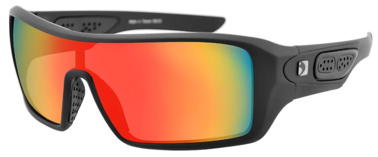 Bobster Paragon Prescription Safety Sunglasses in a matte black frame with smoke crimson mirror lenses. Angled left side