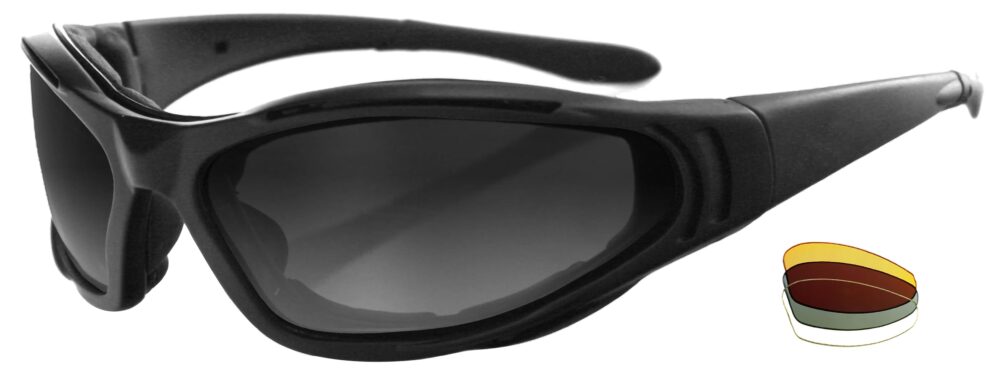 Bobster Raptor II Convertible Sunglasses, Matte Black frame with amber, clear, smoke lens. Angled left