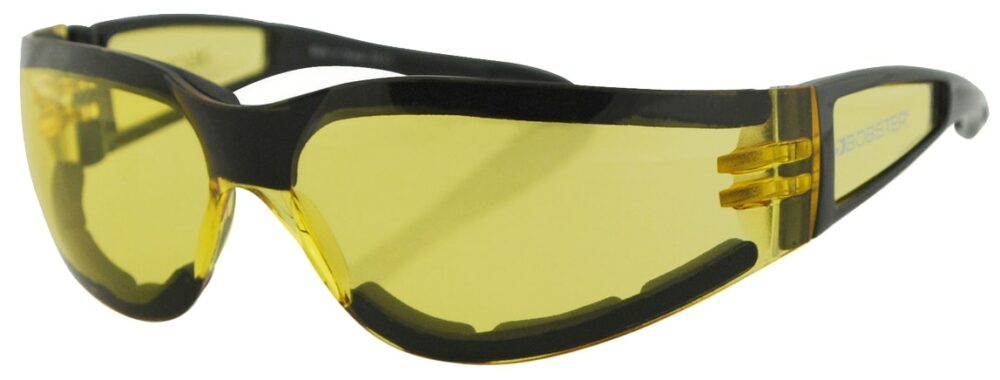 Bobster Shield II Sunglasses, Gloss Black frame with Yellow Lens. Angled left