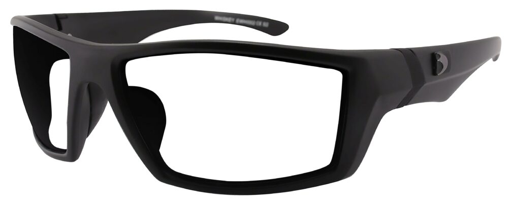 Bobster Whiskey Glasses in a matte black frame with RX lenses. Angled left side