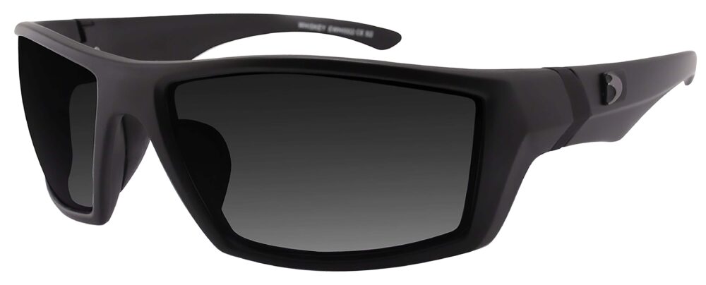 Bobster Whiskey Sunglasses in a matte black frame with smoke lenses. Angled left side