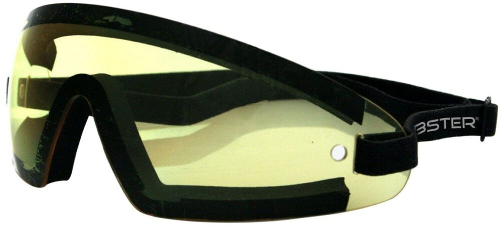 Bobster Wrap Around Goggles in a matte black frame with yellow lenses. Angled left side