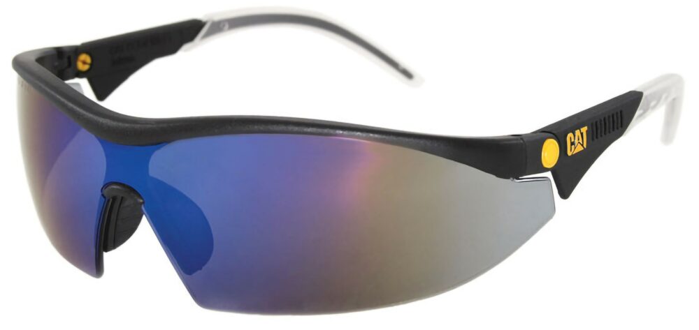 Caterpillar Digger Safety Glasses, with Blue Mirror Lens. Angled Left
