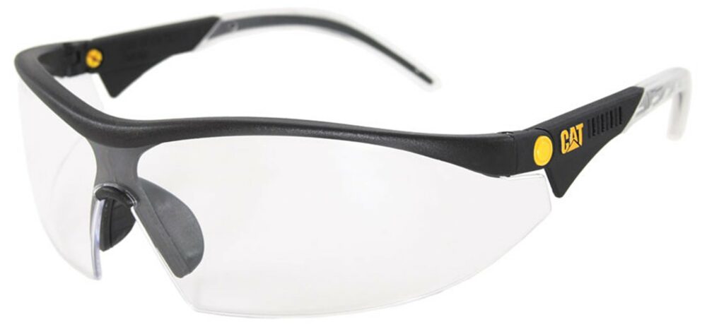 Caterpillar Digger Safety Glasses, with Clear Lens. Angled Left