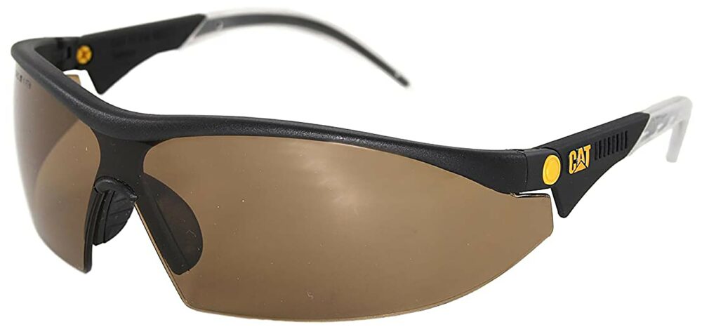 Caterpillar Digger Safety Glasses, with Brown Lens. Angled Left