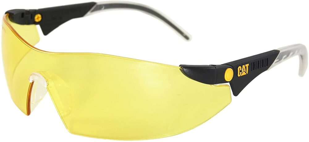 Caterpillar Digger Safety Glasses, with Yellow Lens. Angled Left