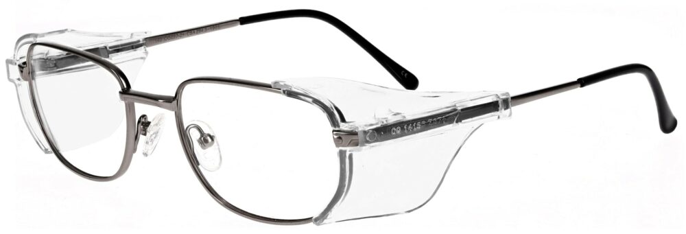 OnGuard 076 Prescription Safety Glasses, in an Antique Pewter Frame with EZ Side Shields. Angled left side