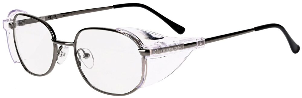 OnGuard 085 Prescription Safety Glasses, in a Gunmetal Frame with EZ Side Shields. Angled left side