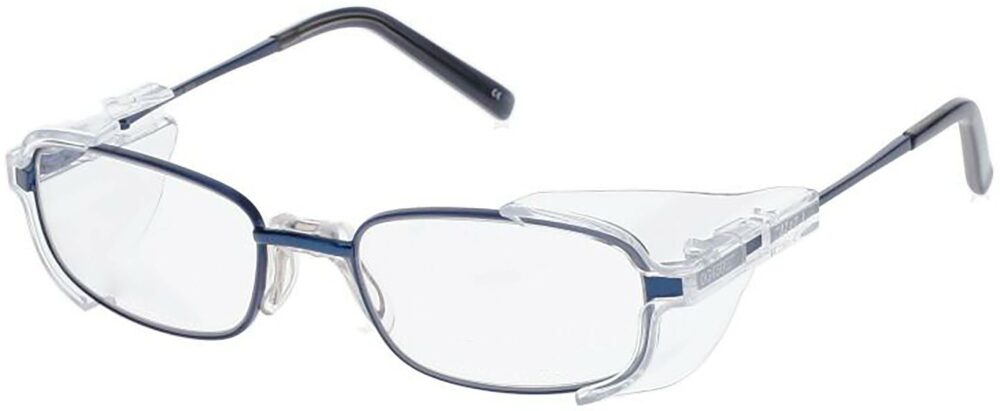 OnGuard 450 Prescription Safety Glasses, in a Blue Frame with Side Shields. Angled left side