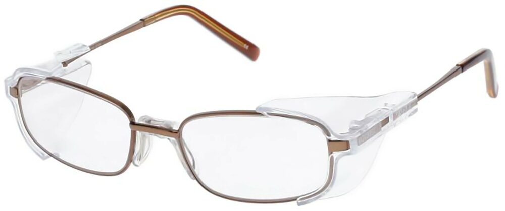 OnGuard 450 Prescription Safety Glasses, in a Brown Frame with Side Shields. Angled left side