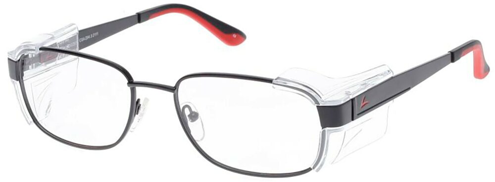 OnGuard 614 Prescription Safety Glasses, in a Matte Black Frame with Side Shields. Angled left side