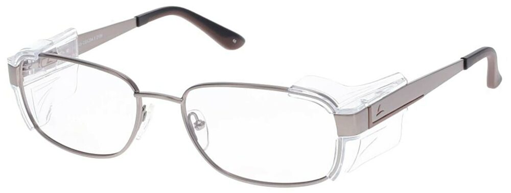 OnGuard 614 Prescription Safety Glasses, in a Matte Silver Frame with Side Shields. Angled left side