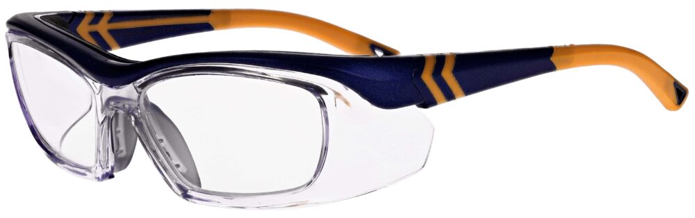 OnGuard OG225S Prescription Safety Glasses in Navy Orange Frame, Angled to the Side Left