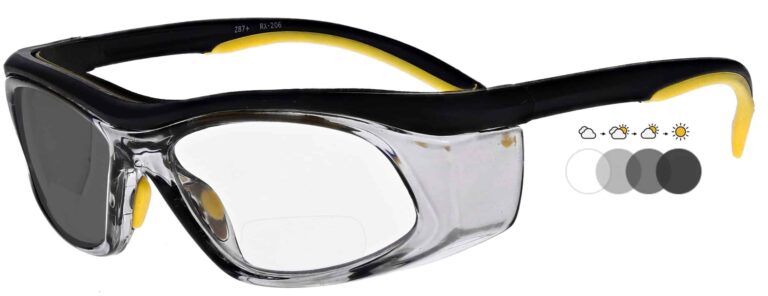 Photochromic Bifocal Safety Glasses in Black and Yellow Frame with Photochromic Lens, Angled to the Side Left