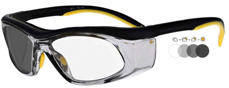 Photochromic Safety Glasses in Black Yellow Frame with Transition Lenses, Angled to the Side Left