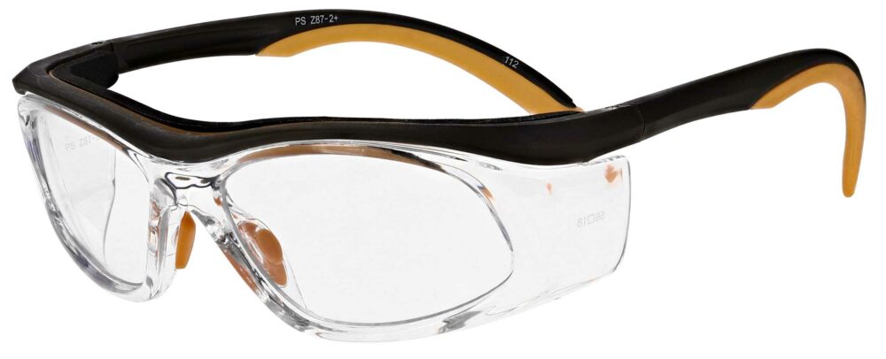 Prescription Safety Glasses RX-206 in Orange/Brown, Angled to the Side Left