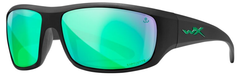 Wiley X Omega in Matte Black Frame with Wheeler Captive Polarized Green Mirror Lenses, Angled to the Side Left, WX-ACOME22