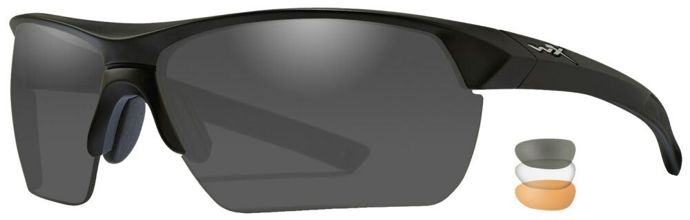 Wiley X Guard in Matte Black Frame with Clear, Smoke Gray and Light Rust Lenses, Angled to the Side Left
