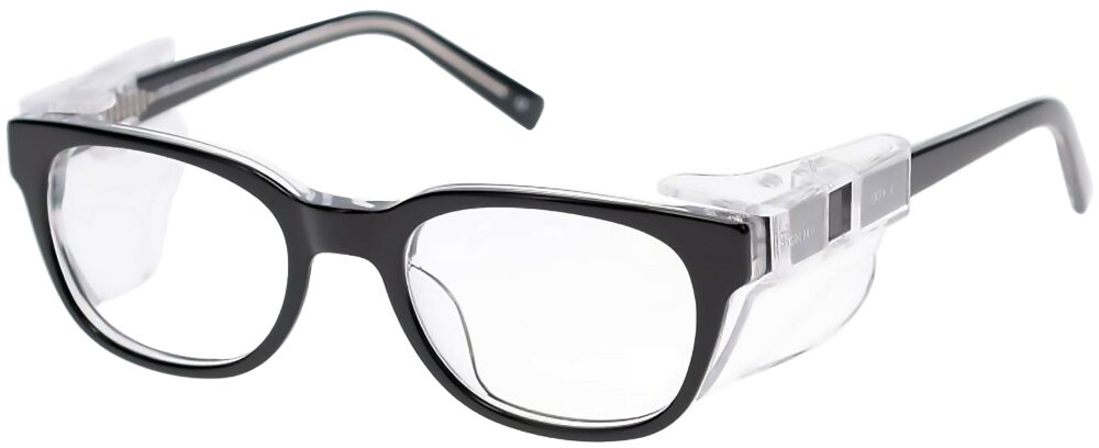 OnGuard 013 Prescription Safety Glasses, in a Black Frame with EZ Side Shields. Angled left side