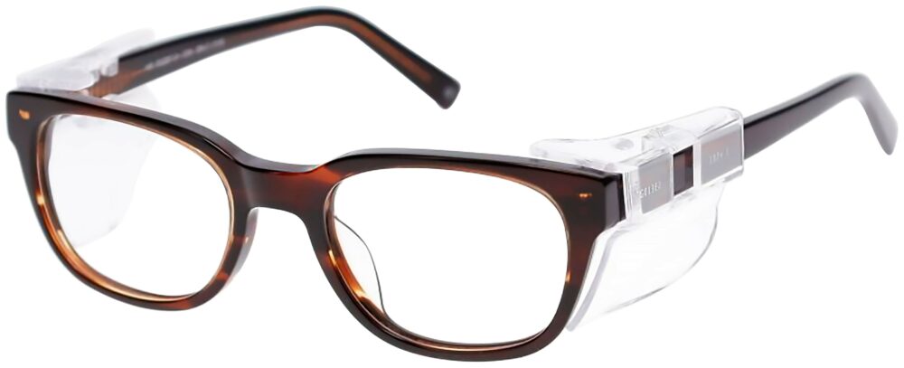 OnGuard 013 Prescription Safety Glasses, in a Tortoise Frame with EZ Side Shields. Angled left side