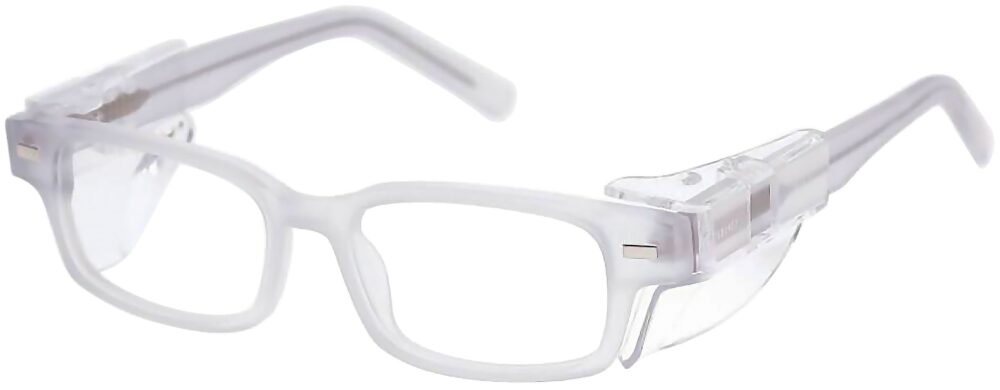 OnGuard 014 Prescription Safety Glasses, in a Matte Clear Frame with EZ Side Shields. Angled left side