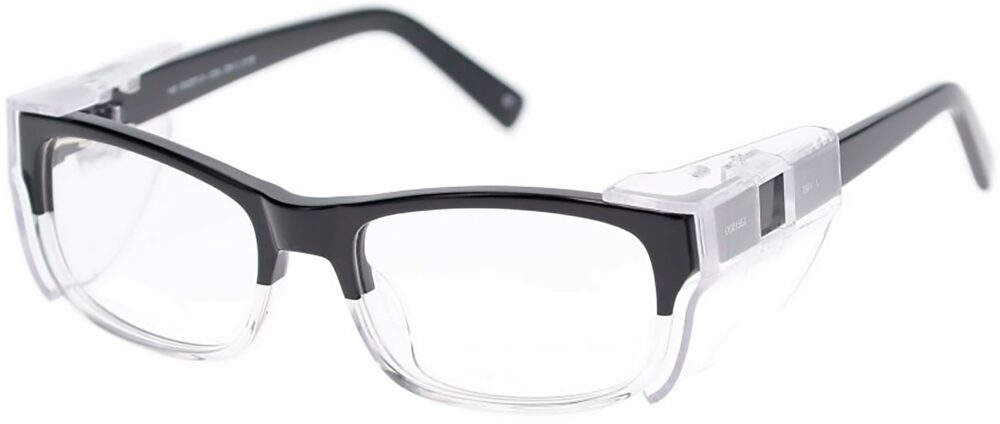 OnGuard 015 Prescription Safety Glasses, in a Black Frame with EZ Side Shields. Angled left side