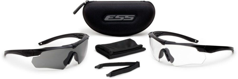 ESS Crossbow Black 2x Clear Smoke Gray Frame Black 2x Clear Smoke Gray Lens Clear Black Angled Side Left Kit