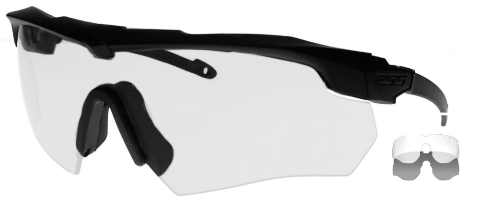 ESS Crossbow Suppressor 2x Kit in Matte Black Frame with Clear and Smoke Lens, Angled to the side Left
