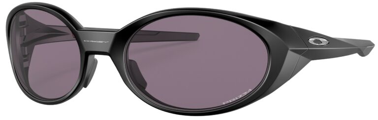 Oakley Eye Jacket Redux. Sunglasses in a Matte black frame with prizm gray lens. Angled left
