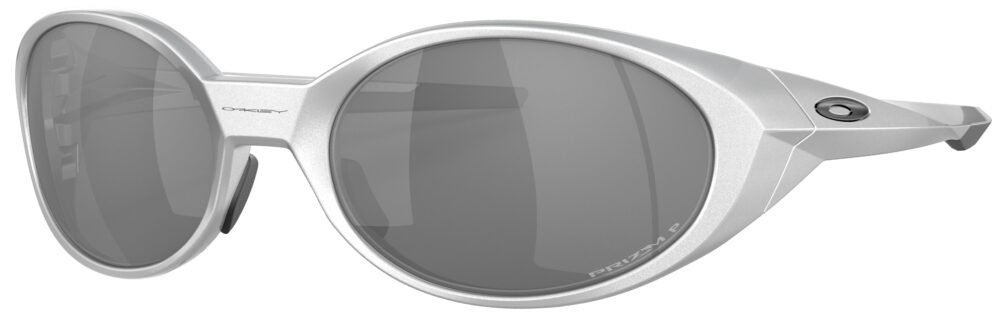 Oakley Eye Jacket Redux. Glasses in a Silver frame with prizm black polarized lens. Angled left