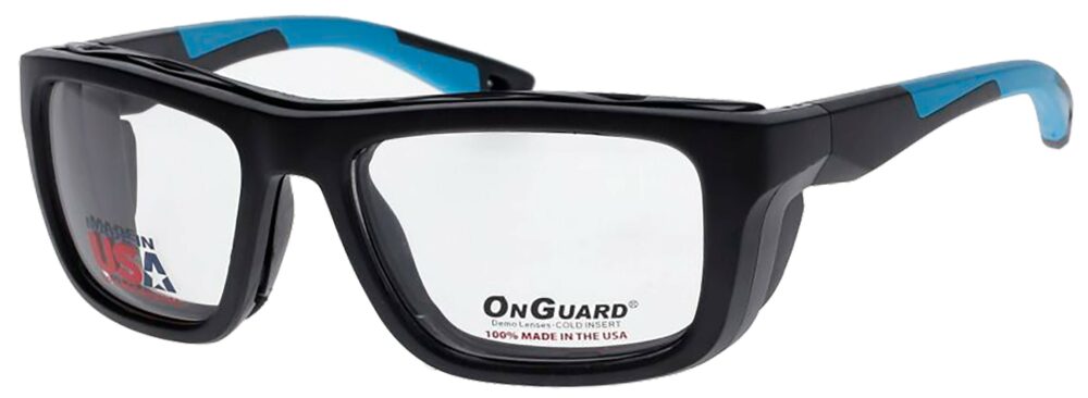 OnGuard US 120FS Prescription Safety Glasses in Black and Blue frame. Angled Left