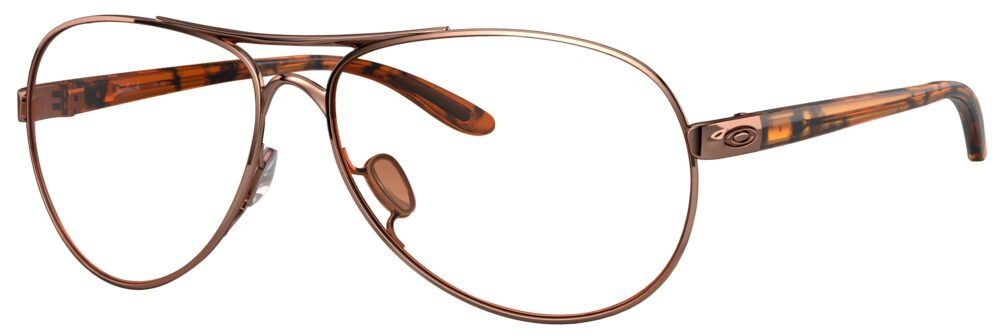 Oakley Feedback Glasses in a Rose Gold frame. Angled left