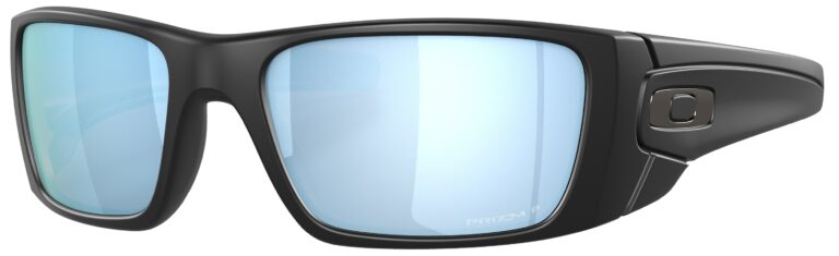 Oakley Fuel Cell Sunglasses in a Matte Black with Prizm Deep Water Polarized Lenses. Angled left