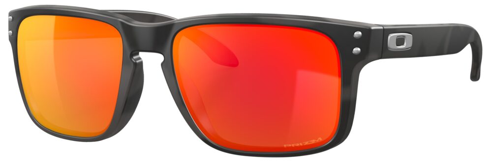 Oakley Holbrook Sunglasses in a Black Camo with Prizm Ruby Lenses. Angled Left