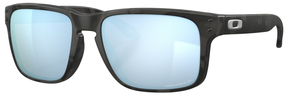 Oakley Holbrook Sunglasses in a Matte Black Camo with Prizm Deep Water Polarized Lenses. Angled Left