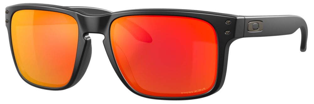 Oakley Holbrook Sunglasses in a Matte Black with Prizm Ruby Lenses. Angled Left