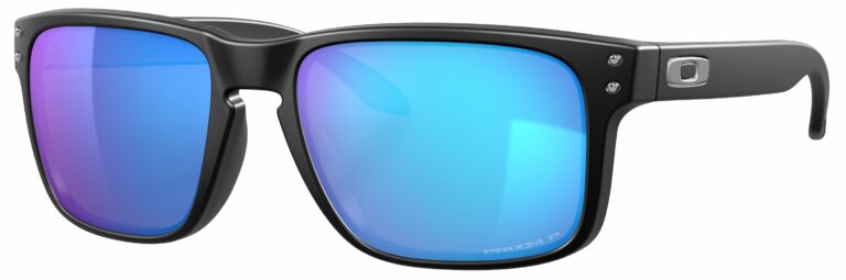 Oakley Holbrook Sunglasses in a Matte Black with Prizm Sapphire Polarized Lenses. Angled Left