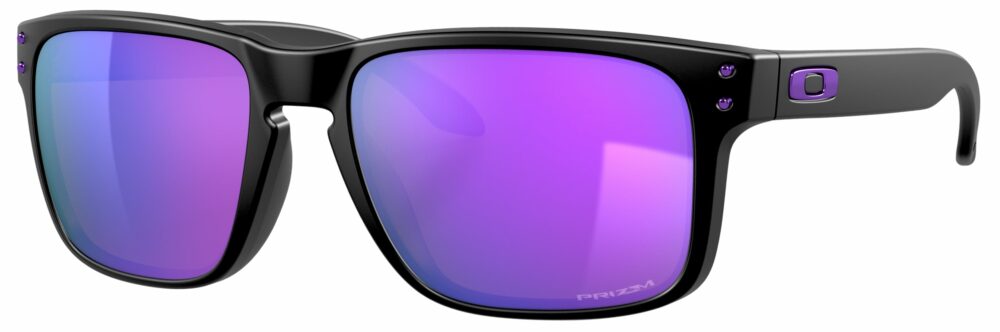 Oakley Holbrook Sunglasses in a Matte Black with Prizm Violet Lenses. Angled Left