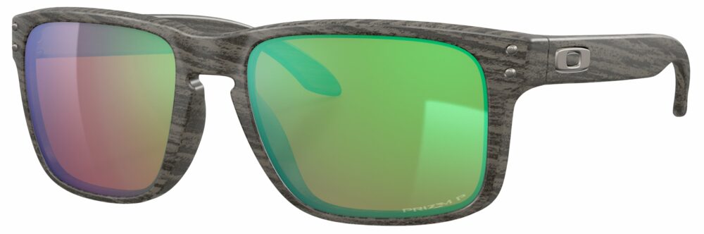 Oakley Holbrook Sunglasses in a Woodgrain with Prizm Shallow Water Polarized Lenses. Angled Left