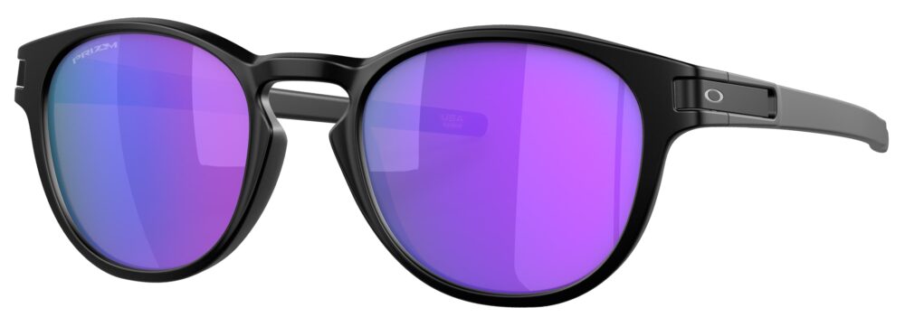 Oakley Latch Sunglasses in a Matte Black with Prizm Violet Lenses. Angled left