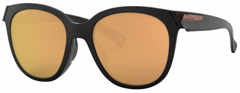 Oakley Low Key Sunglasses, Matte Black with Prizm Rose Gold Polarized Lenses. Angled Left