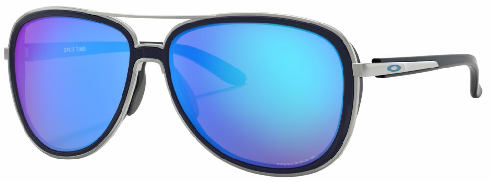 Oakley Split Time Sunglasses, Navy and Satin Chrome with Prizm Sapphire Polarized Lenses. Angled Left