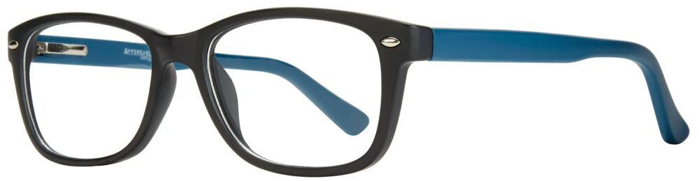 Affordable Designs Manny Eyeglasses, Blue frame. Angled left