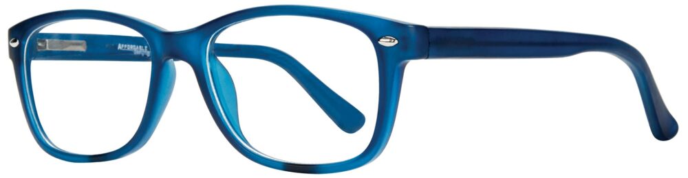 Affordable Designs Manny Eyeglasses, Sapphire frame. Angled left