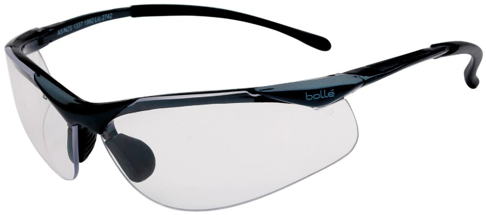 Bolle Contour in a Dark Gunmetal Frame with Clear Lenses. Angled Left Side